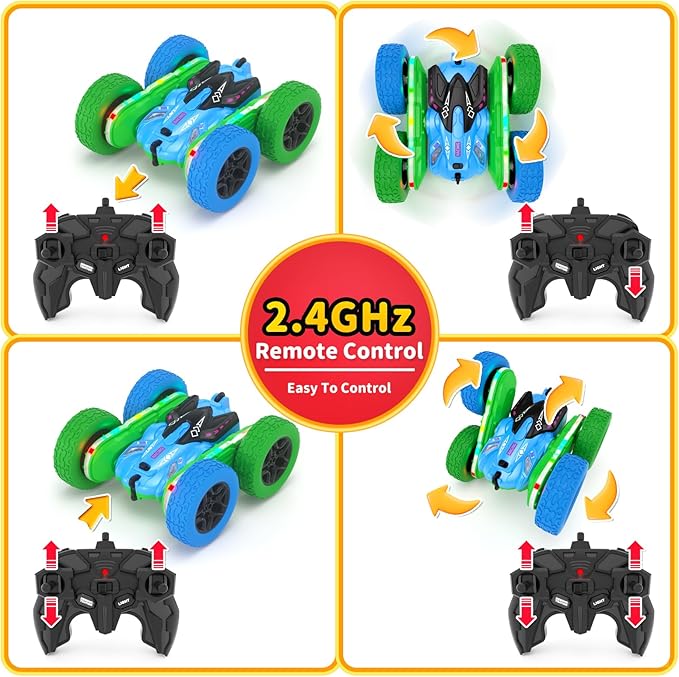 Remote Control Car, RC Cars Toys for Boys Age 5-7, RC Stunt Car Toy with Strip Lights and Headlights, 2.4 Ghz 600mAh Double-Sided 360° Rotating 4WD RC Cars, Fast Race Car Rechargeable Toy for Boys