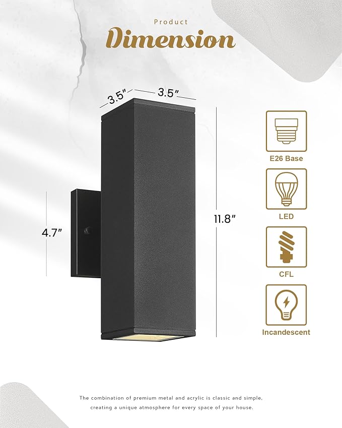 Ken & Ricky Outdoor Wall Lights, Modern Outdoor Light Fixture, Aluminum Waterproof, Black Up and Down Outdoor Porch Light with Glass Cover, KR3324-W-1PK