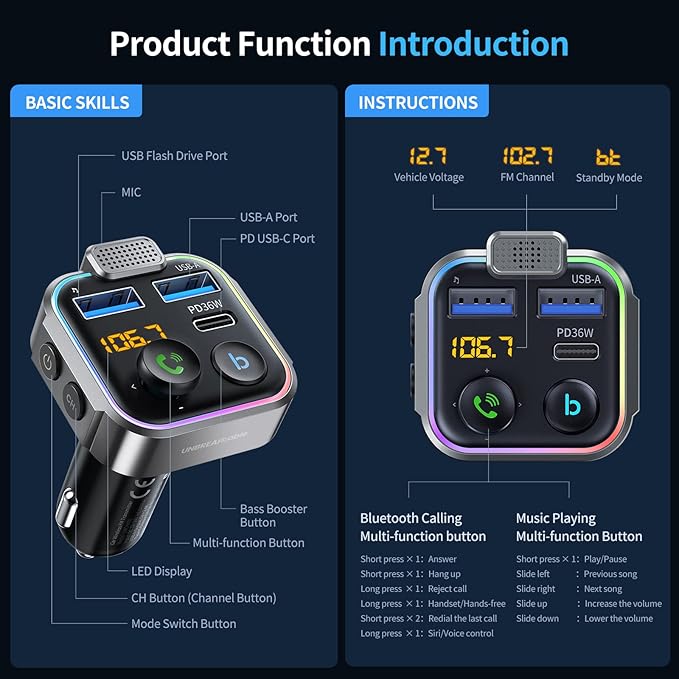 UNBREAKcable Bluetooth FM Transmitter for Car, PD 38W Fast Charging, Wireless Bluetooth FM Radio Adapter, Car Kit with Hands-Free Calls, HiFi Bass Boost MP3 Music Player Support USB Drive