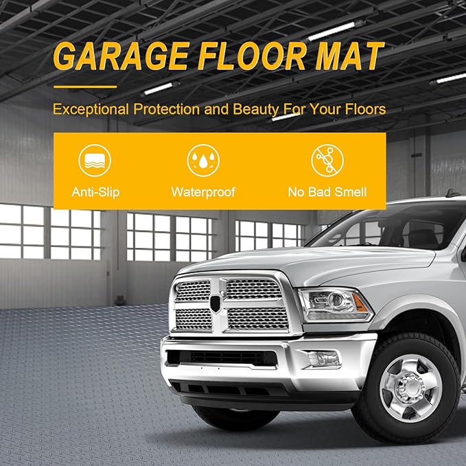 7.5x25 FT Garage Floor Mat, 2.8mm Thickened Flooring Roll for Under Car with 20Pcs Tapes, 188SQFT Diamond Plate Non-Slip Floor Protector Mat for Garage, Warehouse, Gyms, Trailer(Grey)