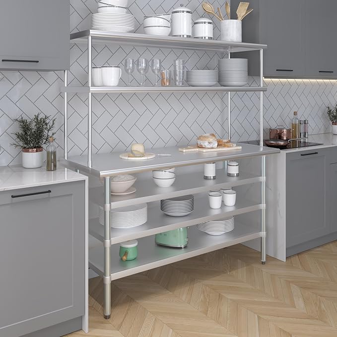 Amgood 24" x 60" Stainless Steel Work Table with 3 Shelves and 18" Wide Double Tier Overshelf | Metal Kitchen Prep Table & Shelving Combo | NSF