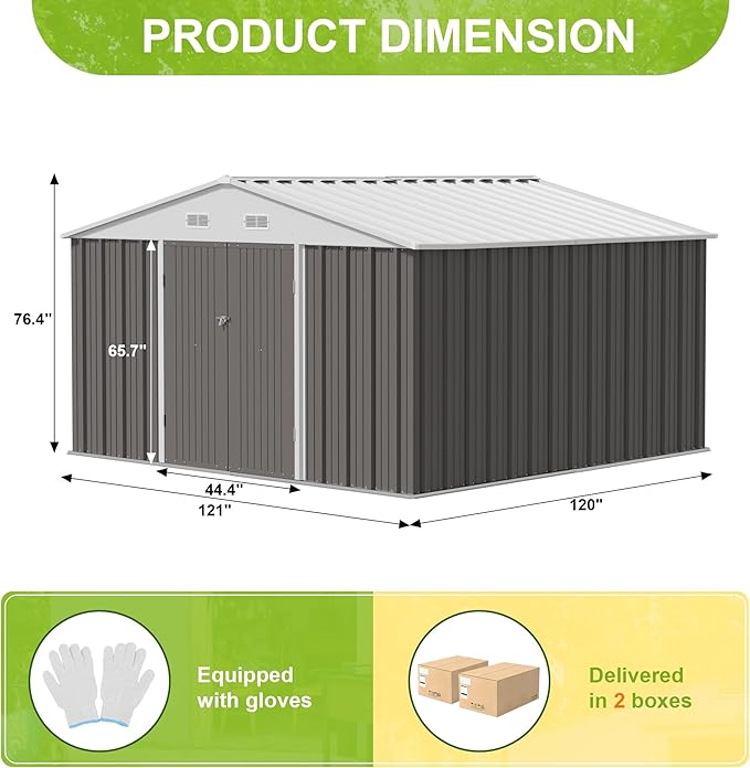 JUMMICO 10 x 10 FT Outdoor Storage Shed, Large Metal Garden Shed & Tool Sheds for Backyard Garden Patio Lawn (Grey)
