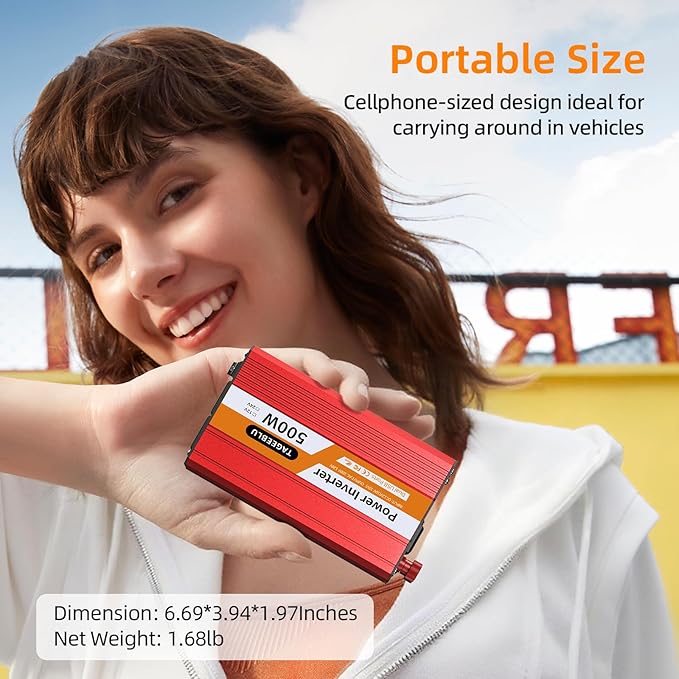 500W Power Inverter DC 12V to 110V/120V AC Car Inverter with 2 x 3.0A USB Ports and Dual AC Outlet, Equipped with 1 Cigarette Lighter and 2 Battery Clamps for Road Trip and Camping