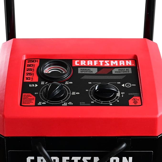 CRAFTSMAN Wheeled Battery Charger and Engine Starter, CMXCESM233, 2-in-1 Manual Timer Controlled, 250 Cranking Amps, 6 Volt, 12 Volt, for Car, SUV, Truck, and Marine Batteries