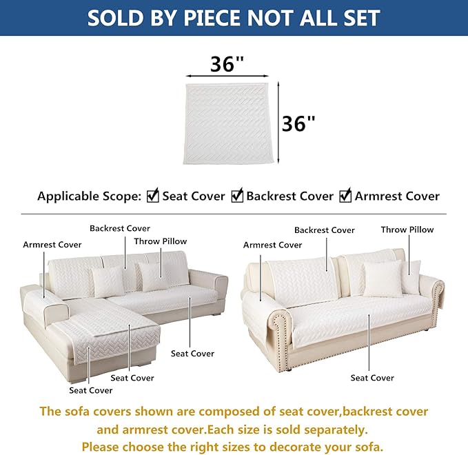 Eismodra Couch Cover,Sectional Couch Covers,Sofa Covers for 3 Cushion Couch,Anti-Slip Sofa Slipcovers for Dogs Cats Kids Loveseat Recliner L Shaped Armrest Backrest,White 36''x36''(Only 1 Piece)