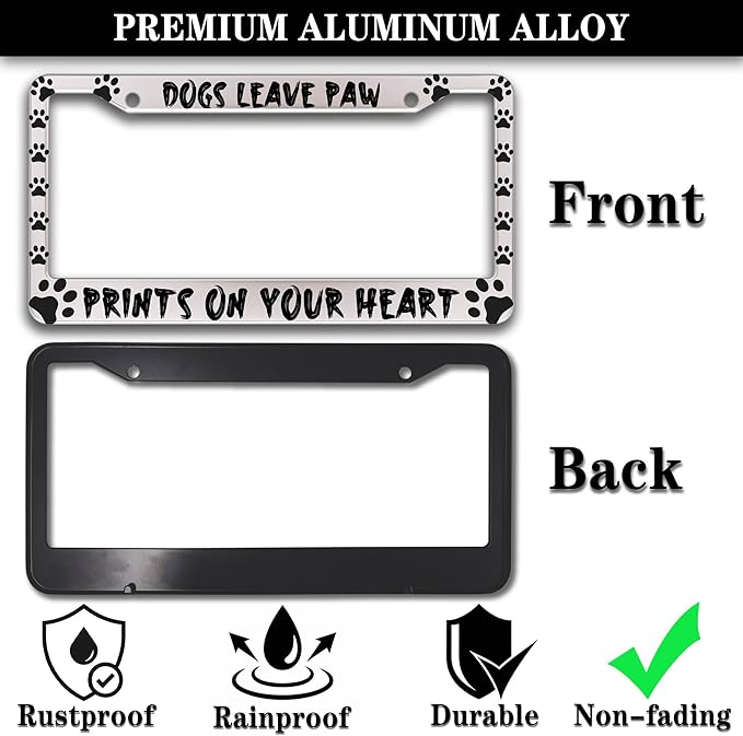 License Plate Cover Black and White License Plate Frames Dogs Leave Paw Prints on Your Heart Universal Aluminum Car Accessory 2 Pack with Screw Covers Set