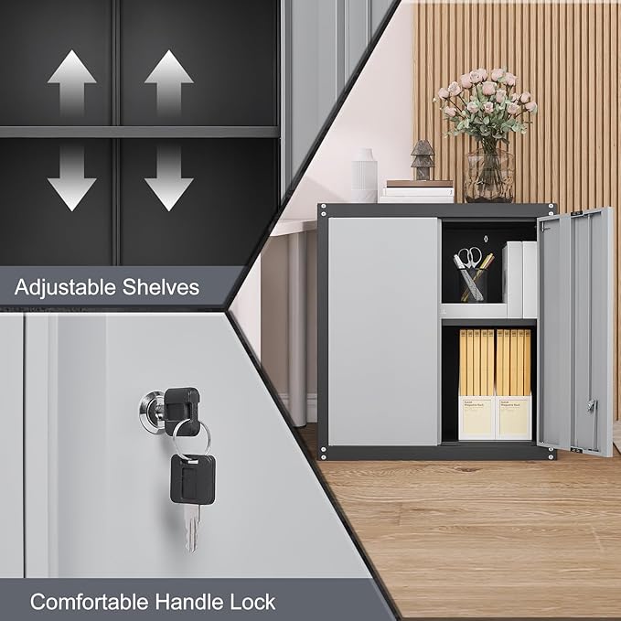 LUCYPAL Garage Wall Cabinet,Metal Wall Storage Cabinet with Adjustable Shelf and Locking Doors,Floating Utility Cabinets for Warehouse/Basement/Kitchen (Black&Grey,27.95" H)