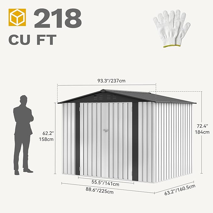 DWVO 8x6FT Outdoor Storage Shelter, Roomy Steel Tool Shed with Secure Entrances & Air Circulation for Patio, Lawn, and Backyard, Ideal for Storing Garden Gear, Lawn Tools, and Bikes, White