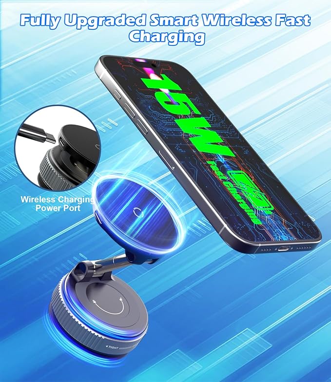 15W Wireless Charger Magnetic Car Phone Holder [Vacuum Suction Cup] 360° Adjustable & Foldable Car Mount for Dashboard/Windshield/Smooth Surface [Compatible with MagSafe] for iPhone/Samsung