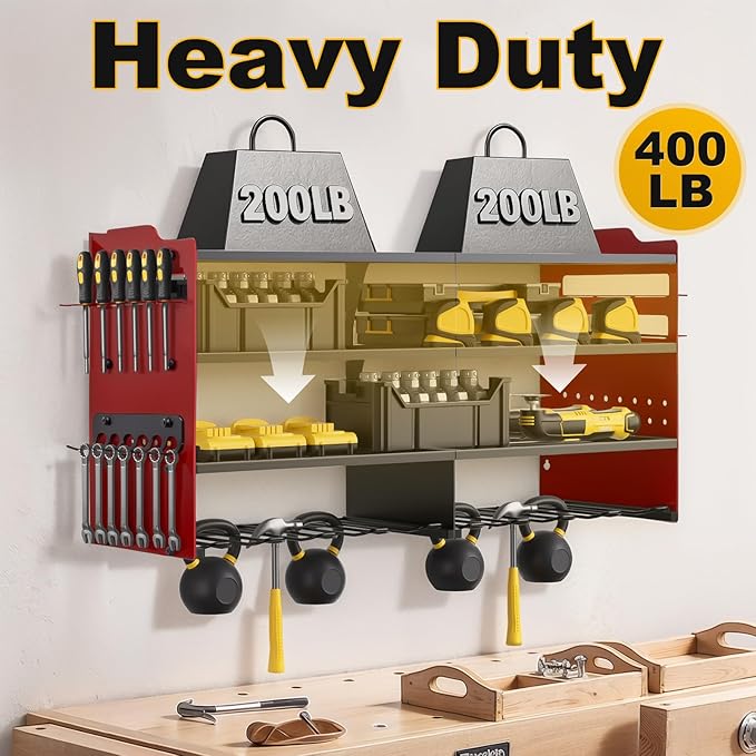 oviitech Power Tool Organizer Wall Mount, 8 Drill Holder Wall Mount Loads 400lbs, 4 Layer Heavy Duty Metal Power Tool Storage, Red, Utility Rack for Garage Workshop, Gifts for Men
