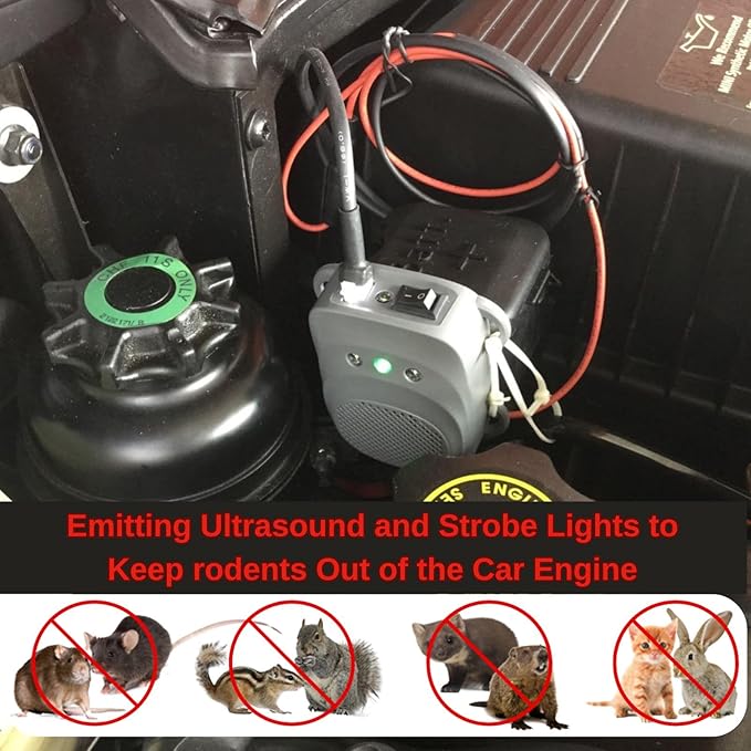 Rodent Repellent for Car Engine Under Hood Rodent Repeller with Strobe Lights Ultrasonic Mouse Repellent Mice Deterrent Squirrel Repeller RV Protection for 12V 24V Car Battery 1 Pack