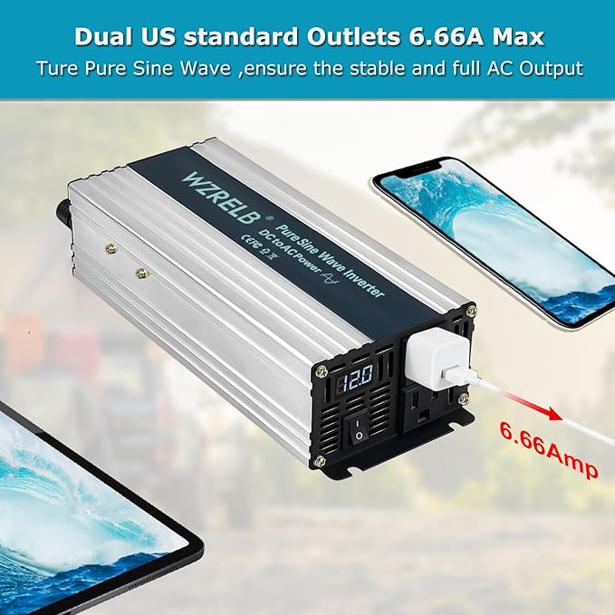 WZRELB 800W Pure Sine Wave Inverter 12V DC to 110V 120V AC Power Converter with LED Display, Off-Grid Portable Power Inverter with 2 AC Outlets for Home, RV, Truck, Camping