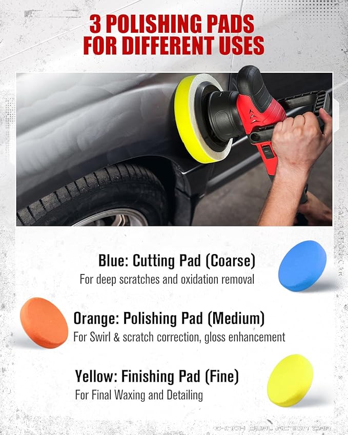 AVID POWER Dual Action Car Buffer Polisher, 6 Inch Orbital Polisher for Car Detailing with 6 Variable Speeds, Detachable Handle & 3 Polishing Pads