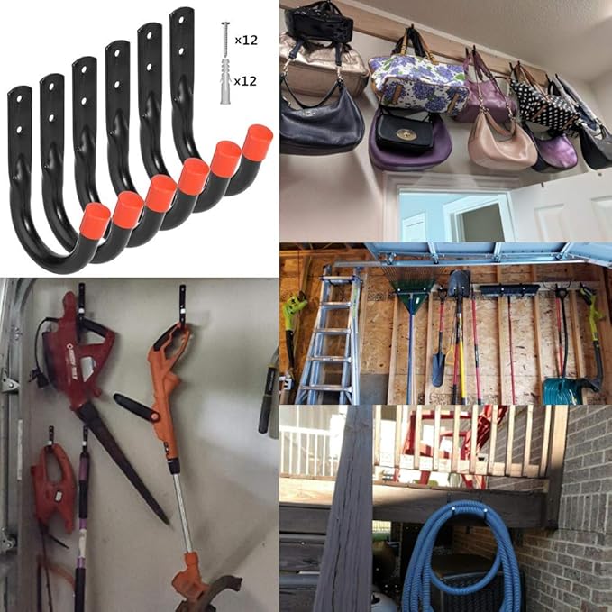 Wall Mount Utility Hooks Heavy Duty Steel Garage Storage Hanger Multi-Tools Holder Hanging Organizer (6 Pcs Black 4" Small J Hook)