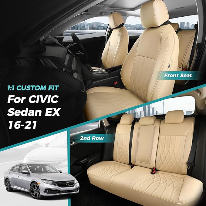 Seat Covers for Honda Civic Sedan EX-L, EX-T, EX, Touring, LX-P, Sport 2016 2017 2018 2019 2020 2021, Faux Leather Car Seats Cover Full Set(Rear Row 40/60 Split & Folding Backrest)-Beige
