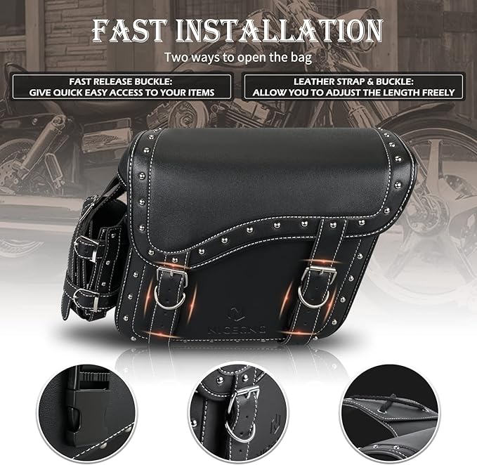 NICECNC Motorcycle Saddle Bags, PU leather Motorcycle Saddlebags, Reinforced Straps & Saddle Piece, with Cup Holder, Throw Over Saddle Bags Side Bags Universal Motorcycle Accessories bags, BlACK