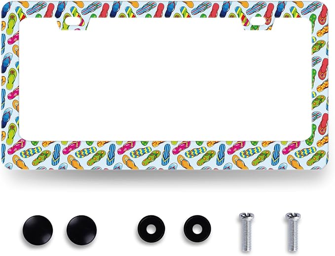 Flip Flops License Plate Frame Beach License Plate Holder Stainless Steel Colorful License Plate Car Accessory Funny License Plate Decoration Men Women Size 12.2" x 6.2" with Screws