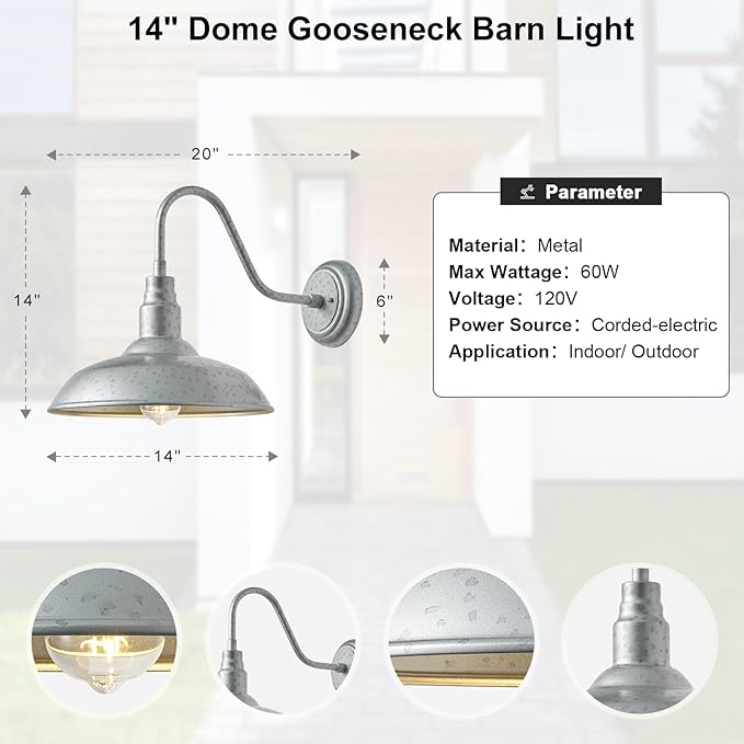 14in Outdoor Gooseneck Barn Lights for Patio, Galvanized Finish Exterior Farmhouse Wall Light Fixtures, Barn Style Porch Wall Sconce for Garage, Front Door
