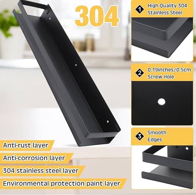 Lallisa 2 Pieces Stainless Steel Shelf Bathroom Shower Floating Shelves Wall Mounted Shower Caddy Basket Shelf Storage Organizer Shelves for Bathroom, Kitchen, Living Room(19.69 Inches/ 50 cm,Black)