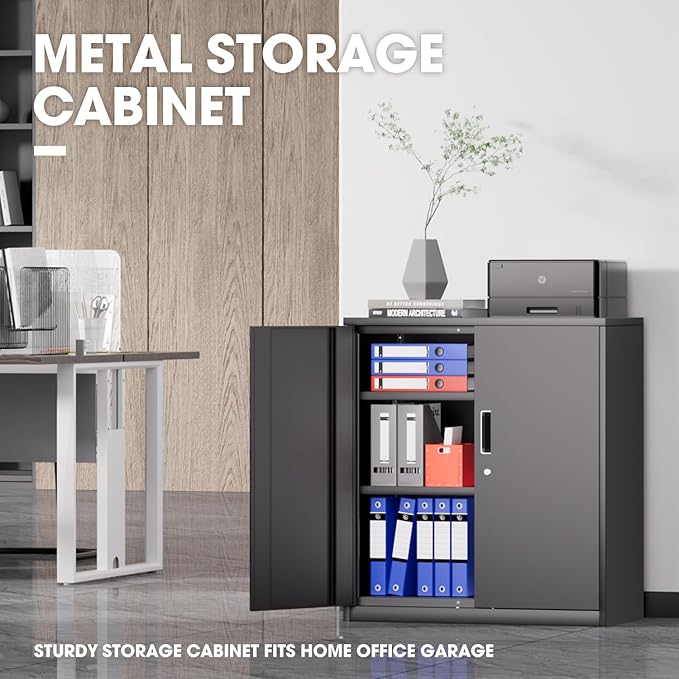 DNA MOTORING Metal Storage Cabinet, 36'' Locking Cabinet with 2 Doors and 2 Adjustable Shelves, Metal Cabinet Heavy Duty Utility Cabinet for Garage,Office,Home,Gym, Black, TOOLS-00631-BK-BK