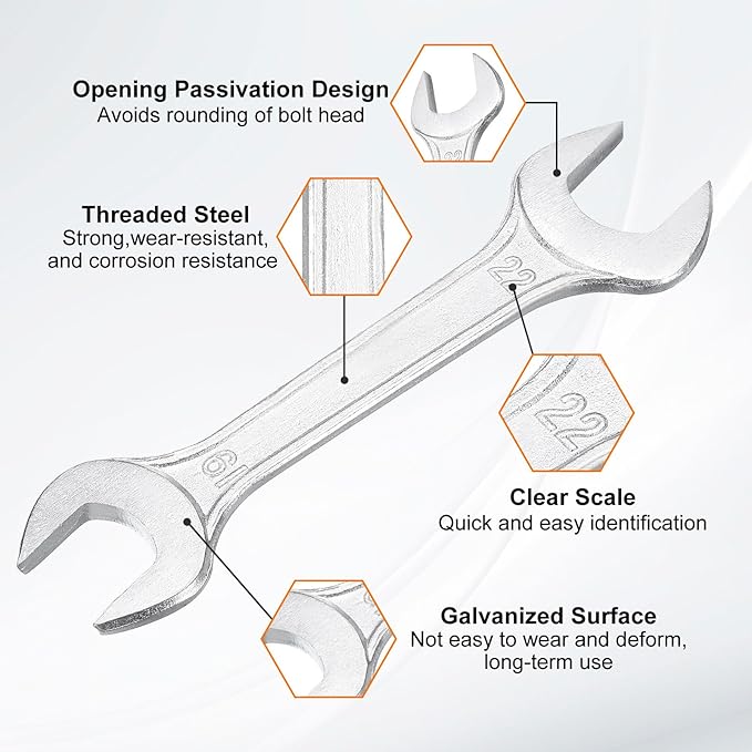 HARFINGTON 5pcs Double Open End Wrench 19mm x 22mm Metric 15 Degree Offset Angle Small Flat Head Wrench Galvanizing Open Ended Spanner for Automotive Repair Furniture Assembly