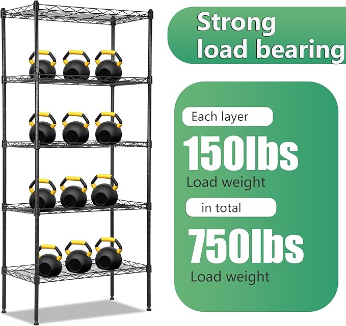 BestOffice Garage Shelving 5 Tier Metal Storage Shelves 750lbs Weight Capacity Heavy Duty Wire Shelving NSF Certified Utility Shelves with Leveling Feet for Garage Home Office, Black