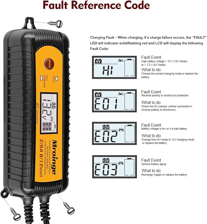 Car Battery Charger, Mroinge 5A 6V/12V Fully Automatic Smart Charger, Battery Maintainer, Trickle Charger and Battery Desulfator for Lead Acid and Lithium Batteries, with LCD Display, MBC050-LCD