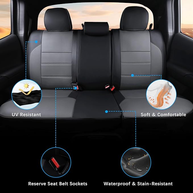Car Seat Covers Full Set for Toyota Tacoma Double & Crew Cab 2023 2022 2021 2020 2019 2018 2017 2016 Tacoma Interior Accessories Premium Faux Leather Breathable Waterproof (Black+Gray)
