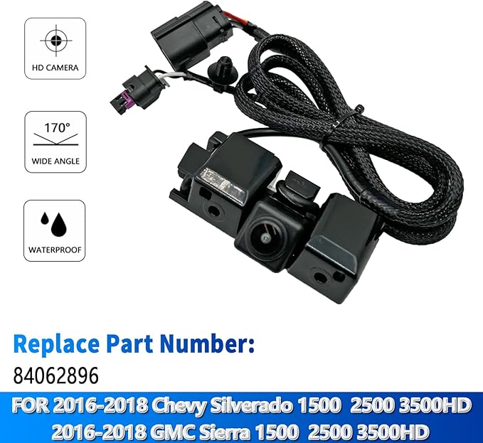 Rear View Back Up Camera Compatible with Chevy Silverado/GMC Sierra 1500 HD 2500 HD 3500 HD 2016-2018 Replaces 84062896
