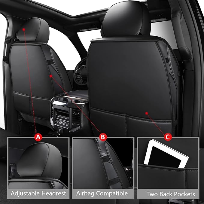 MIROZO Front Ram Seat Covers,2PCS Leather Dodge Ram Seat Covers Compatible with 2009-2025 RAM 1500 2500 3500 Truck Pickup Crew Quad Cab (2PCS Front,Black and Red)