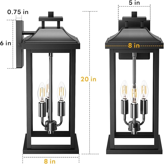 20" Large Outdoor Light Fixtures 3-Light 2 Pack, Black Outside Modern Porch Lights for House, Exterior Wall Sconce Lanterns Wall Mounted Waterproof Outdoor Coach Lamps for Garage E12