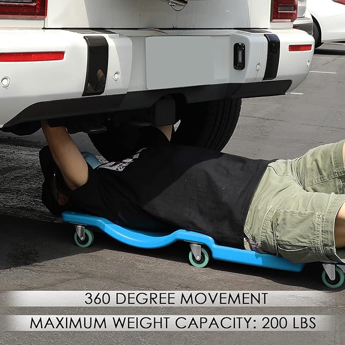 DNA MOTORING 40Inch Low Profile Plastic Rolling Garage Shop Creeper with Padded Headrest,Tool Trays & 6pcs Casters,Blue, TOOLS-00217