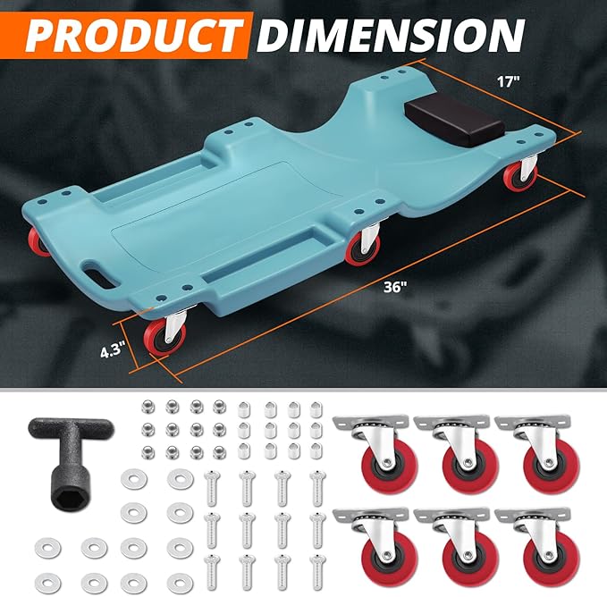 DNA MOTORING 36" L X 17" W x 4.25" H Vehicle Repair Low Profile Automotive Creeper w/Padded Headrest, Tiffany Blue, TOOLS-00201-TB