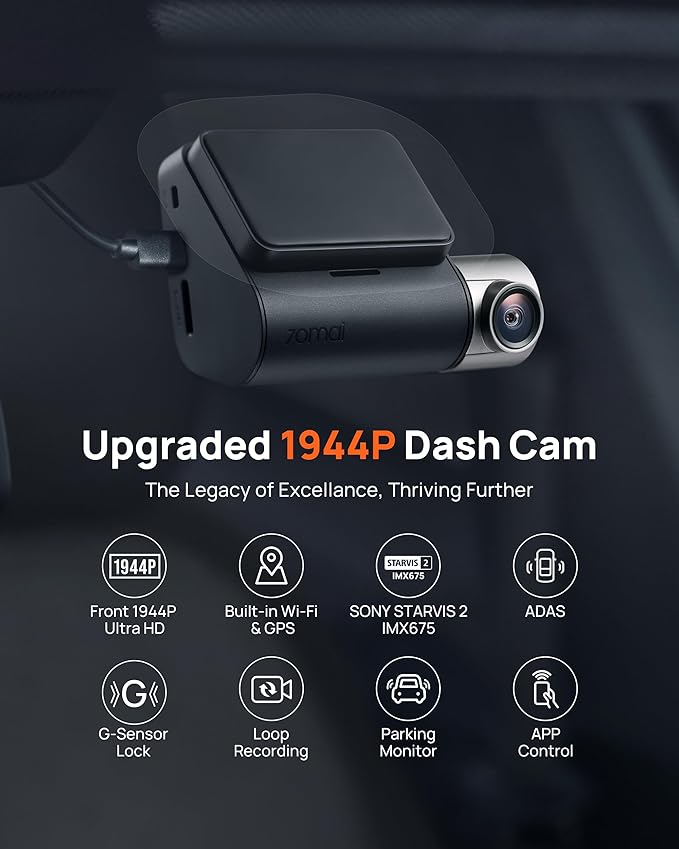 70mai Dash Cam Front and Rear A510,1944P+1080P with STARVIS 2 IMX675 and 64GB Card, Dash Camera for Cars, 4G LTE Support, ADAS, Built-in GPS WiFi, APP Control, HDR, 24H Parking Mode, Loop Recording