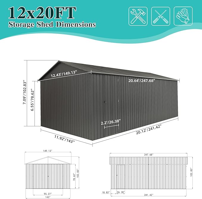 Domi 12x20FT Outdoor Garage Metal Shed, Extra Large Carport with Skylights & Dual-Entry, Backyard Storage Shed for Car, Truck, Lawn Mower and Tool, Dark Grey