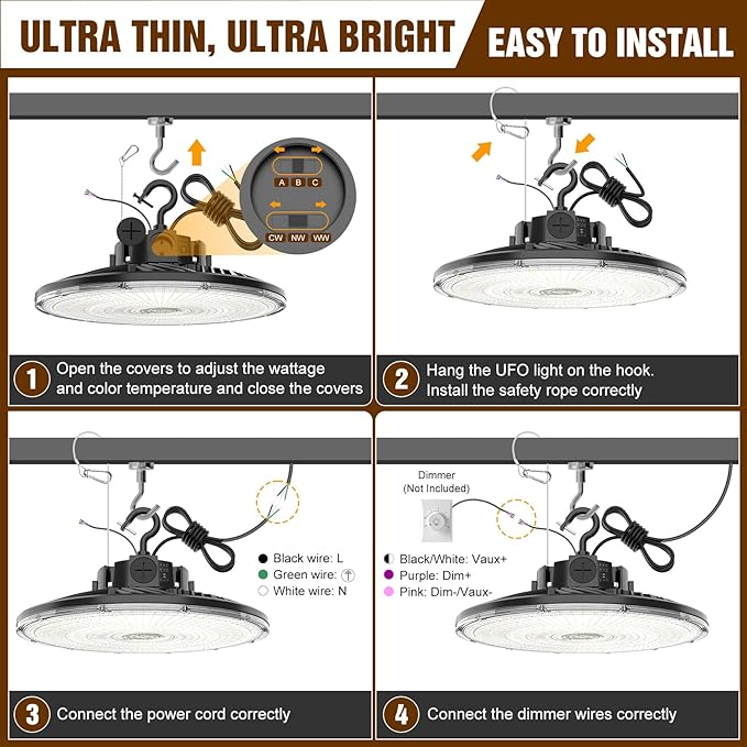 480V UFO LED High Bay Light 200W 150W 120W Adjustable, UL DLC Listed Dimmable High Bay LED Shop Lights 3000K 4000K 5000K, IP65 Waterproof Commercial Bay Lighting for Warehouse Factory