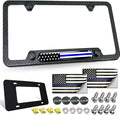 Police Thin Blue Line License Plate Frame- Patriotic Carbon Fiber Car Tag Holder, American Flag Black Aluminum Bracket with Screw, Cap Covers, Decal, Novelty Gift for Law Enforcement, 1 Pack