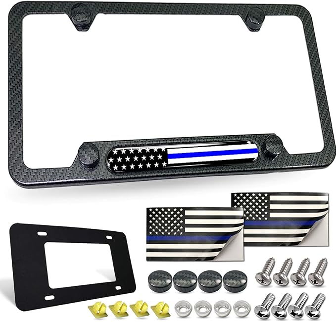Police Thin Blue Line License Plate Frame- Patriotic Carbon Fiber Car Tag Holder, American Flag Black Aluminum Bracket with Screw, Cap Covers, Decal, Novelty Gift for Law Enforcement, 1 Pack
