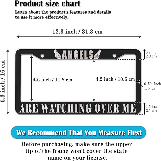 Car Plate Frames Black and White License Plate Protector Angels are Watching Over Me Universal Aluminum Car Accessory 2 Pack with Screw Covers Set