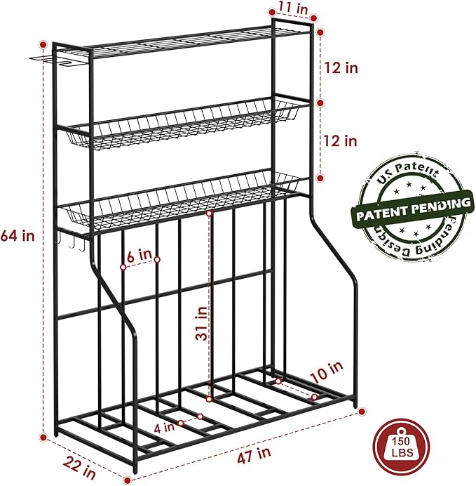 4 Bike Stand, Bike Rack Garage with 3-Tier Storage Rack, Bicycle Stand for Garage Organizer, Indoor Sporting Gear Storage Station for Mountain/Road/Hybrid & Fat Tire Bike, Patent Pending
