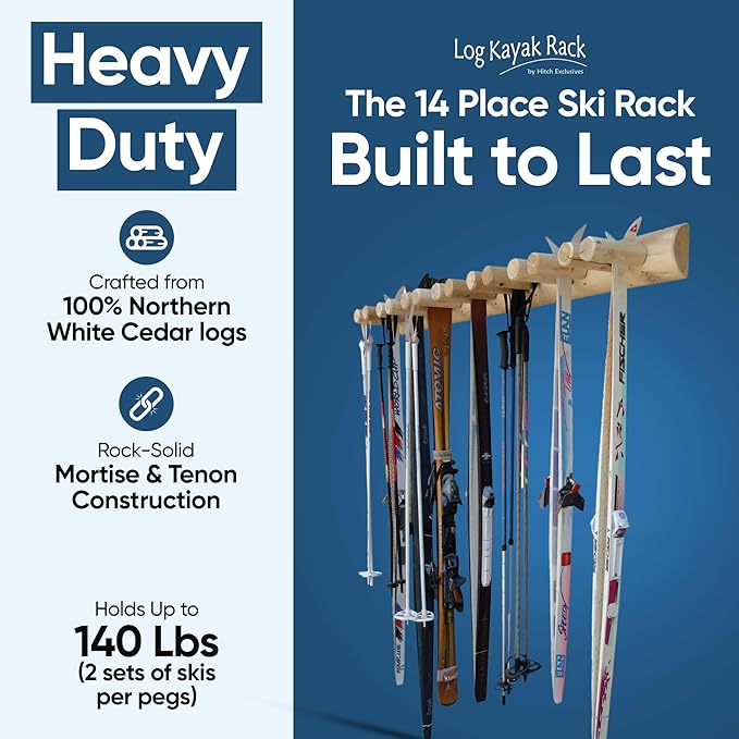 14-Place Log Ski Rack Wall Mount, Indoor Ski Storage Rack for Garage Organizers, Wooden Skis Wall Mount Storage Racks, Pole Skis Sports Racks, Garage Organization Walls - Unfinished
