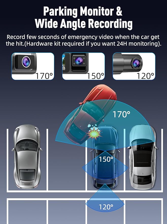 3 Channel 5G WiFi Dash Cam, 4K+1080P+1080P Dash Cam Front and Rear Inside with 64GB Card, 3.16” IPS Screen, G-Sensor, Loop Recording, Parking Monitor, 170° Wide Angle, IR Night Vision, WDR, Silver