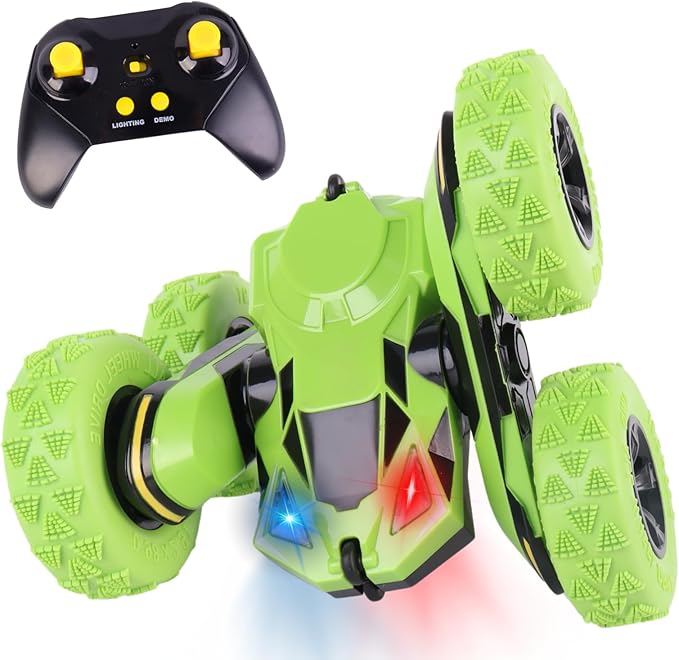 RC Stunt Car, Remote Control Double-Sided Driving 360° Flips & Rotations, Rechargeable Lithium Batteries, Color-Changing Lights, for Kids Ages 6-12, Green