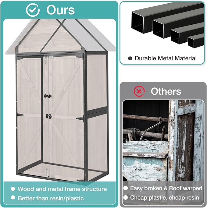 Outdoor Storage Shed with Waterproof Roof - Heavy-Duty Metal & Wood Garden Cabinet, Adjustable Shelves, Large Capacity Waterproof Design for Patio, Garage, Backyard (Dark Brown)