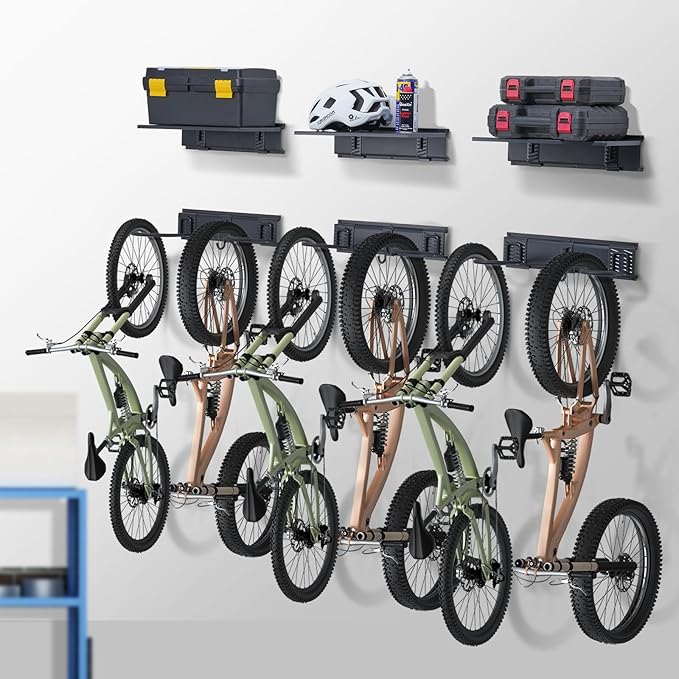 VEVOR Bike Storage Rack, 6 Bike Racks and 3 Helmets Hooks, Wall Mount Bike Storage Hanger with 3 Shelves, Home & Garage Organizer, Customizable for Various Bike Sizes, Holds Up to 300 lbs, 48-inch