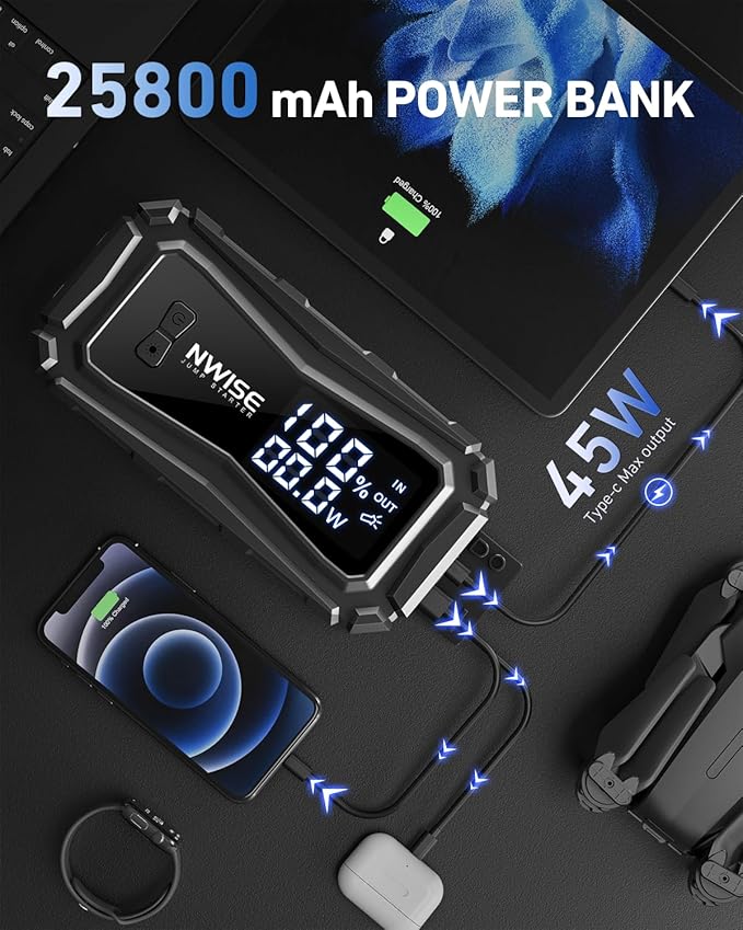 NWISE Car Jump Starter, 6000A Peak 25800mAh Portable Battery Starter (Up to 10L Gas or 8L Diesel Engine) with Smart Safety Jumper Clamps,12V Jump Boxes Large Screen with 45W Fast Charging