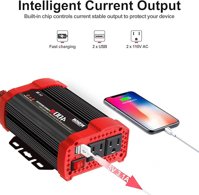 400W Car Power Inverter, DC 12V to 110V AC Converter with 2 Charger Outlets and Dual 3.1A USB Ports Cigarette Lighter Socket Adapter(Black)