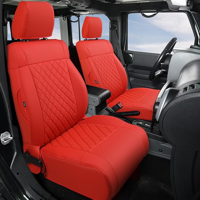 GIANT PANDA Customized Full Set Car Seat Covers for Jeep Wrangler 4 Door JK Unlimited Sahara Sport Rubicon X 2008 2009 2010, Faux Leather - (Red)