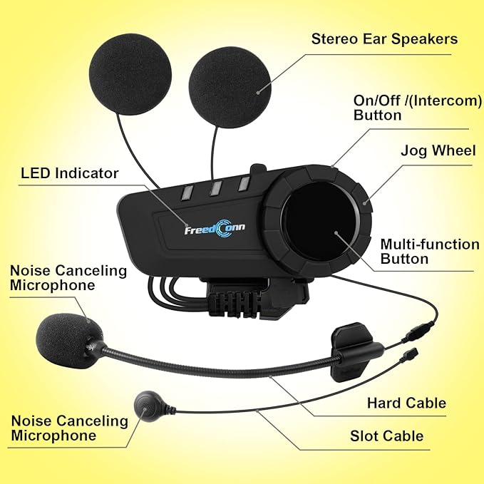 FreedConn KY PRO Motorcycle Helmet Bluetooth Headset, Motorcycle Communication Systems with CVC Noise Cancellation, Stereo Music, 6 Riders 0.75mi/1200m intercom, Dual Device Connection, IP65, 1 Pack