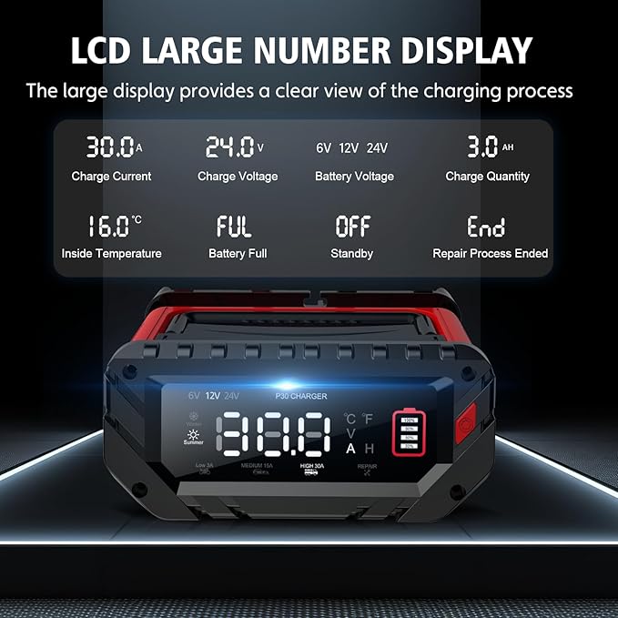 30 Amp Lithium Battery Charger,6V/12V/24V Lifepo4,Lead-Acid(AGM/Gel/SLA..) Portable Car Battery Charger,Battery Maintainer, Smart Trickle Charger, and Battery Desulfator for Car,Boat,Motorcycle…